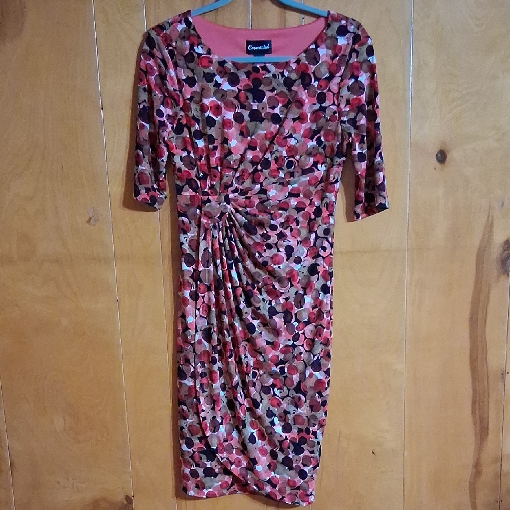 Connected Apparel Pink Ruched Sheath Dress Scoop Neck 3/4 Sleeve